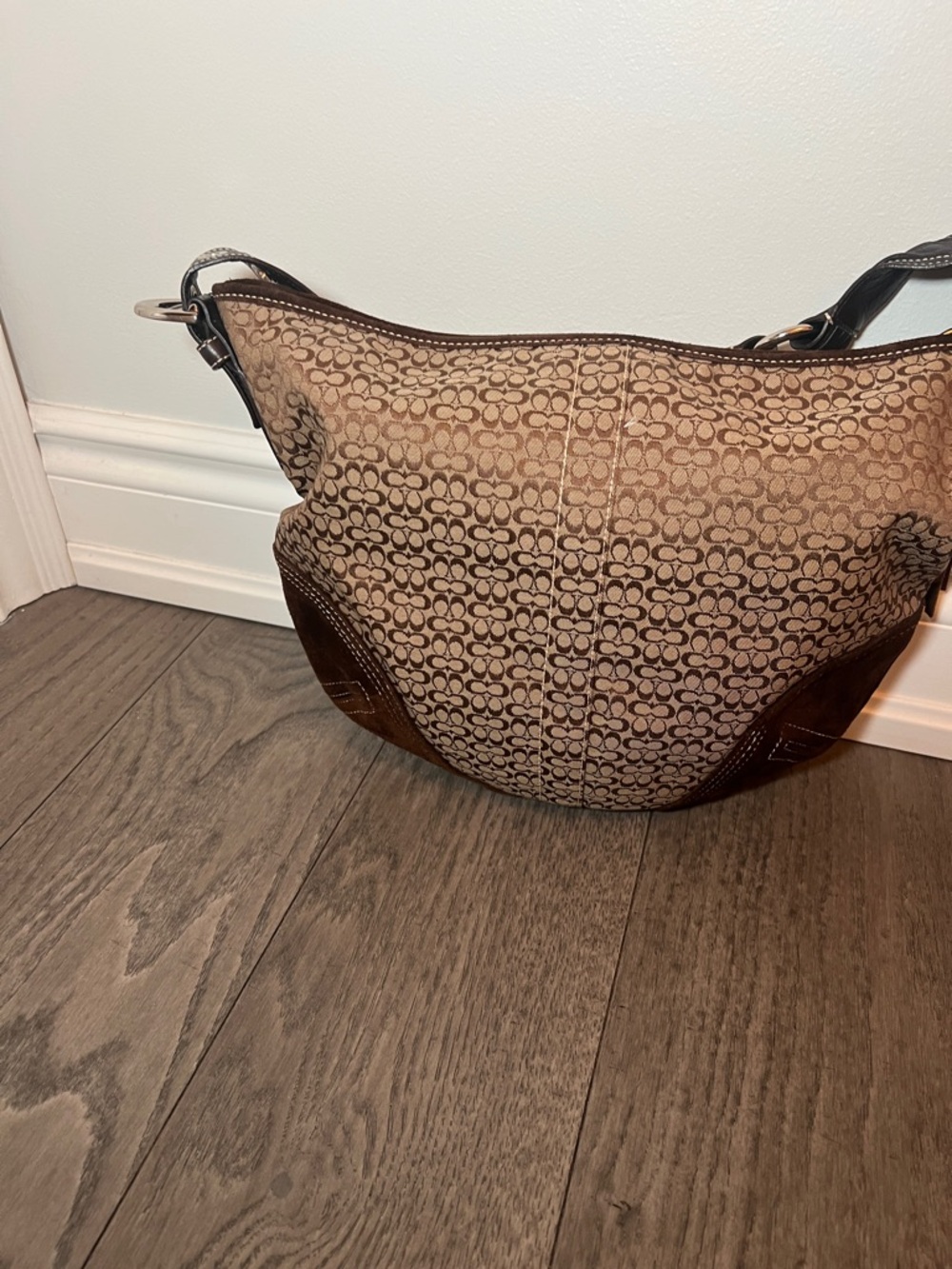 🧸 Vintage Coach Brown Signature Jacquard Shoulder Bag with Teddy Charm - Picture 3 of 12
